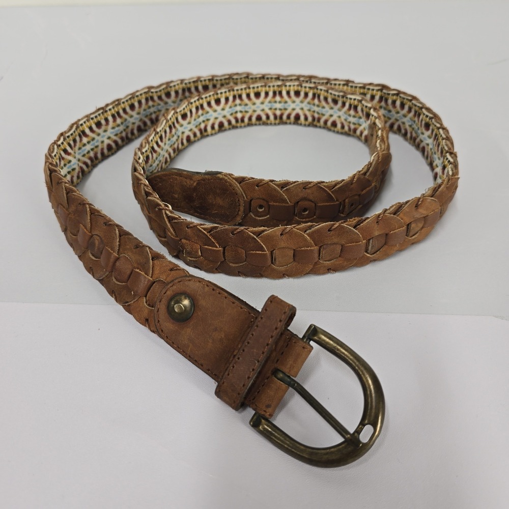 Mens Woven Leather Belt With‎ Geometric Fabric Inlay Brass Buckle Size 36
